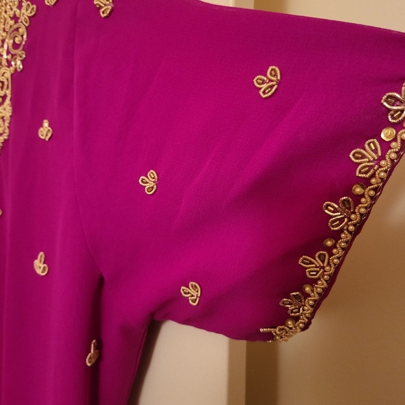 Indian gold embroidered tunic set with tunic, pants and scarf hot pink one size - Picture 11 of 16